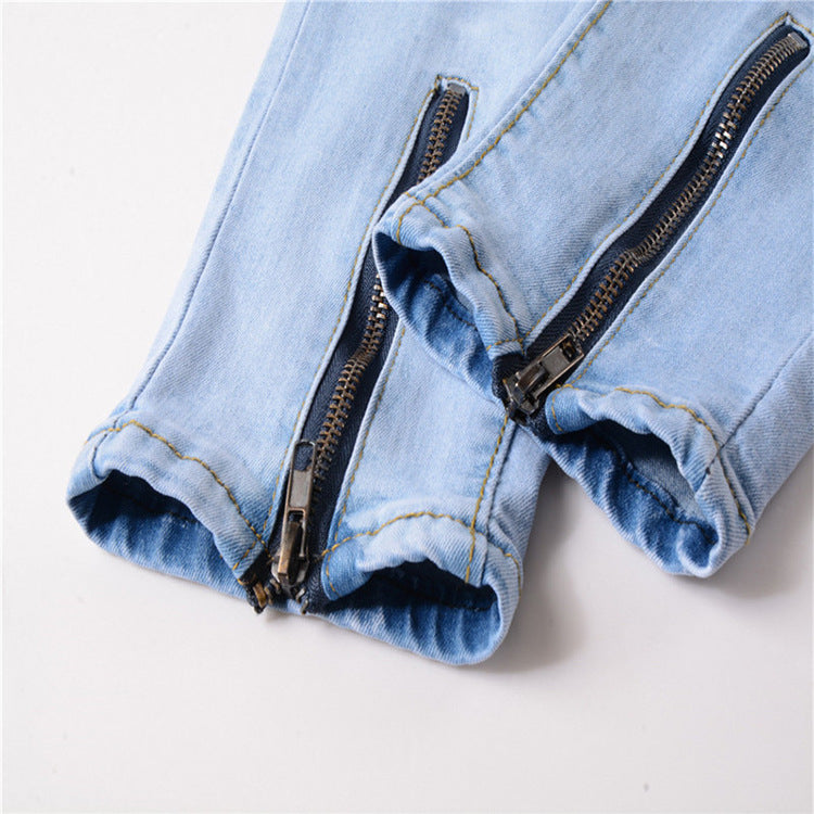 New jeans men's Europe and America motorcycle pants knee pleats broken pants zipper stretch feet pants