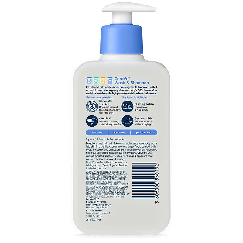 CeraVe Baby Wash & Shampoo Fragrance Paraben & Sulfate Free Shampoo for Tear-Free Baby Bath Time 8 Ounce