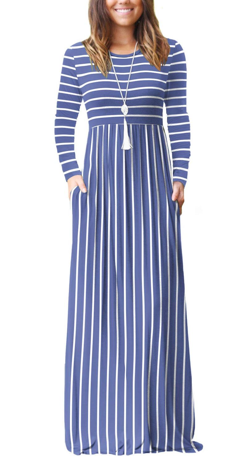  Women Long Sleeve Loose Plain Maxi Pockets Dresses Online