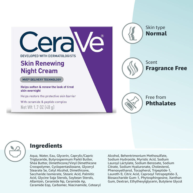 CeraVe Skin Renewing Night Cream | Niacinamide Peptide Complex and Hyaluronic Acid Moisturizer for Face | 1.7 Ounce