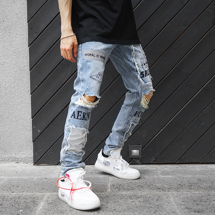 Knee hole patch patch cloth jeans men and women personality tide brand light blue Slim feet long pants