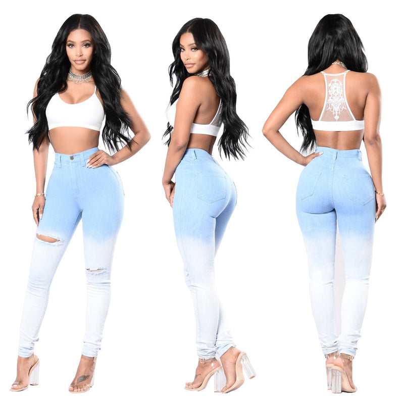 Buy Best Women's Blue and White Gradient Ripped Jeans Online