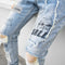 Knee hole patch patch cloth jeans men and women personality tide brand light blue Slim feet long pants