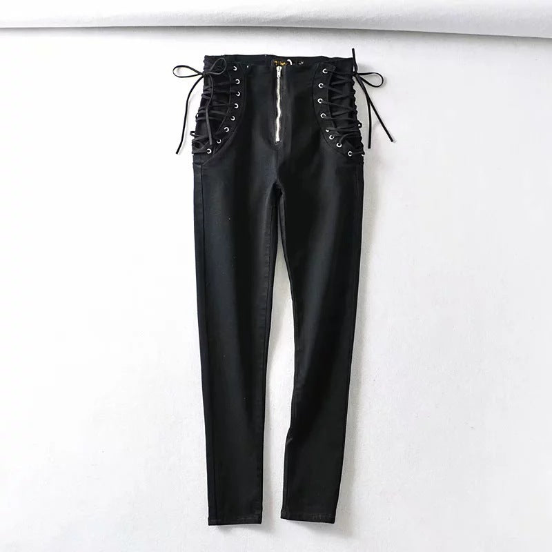 Double tie rope high waist jeans